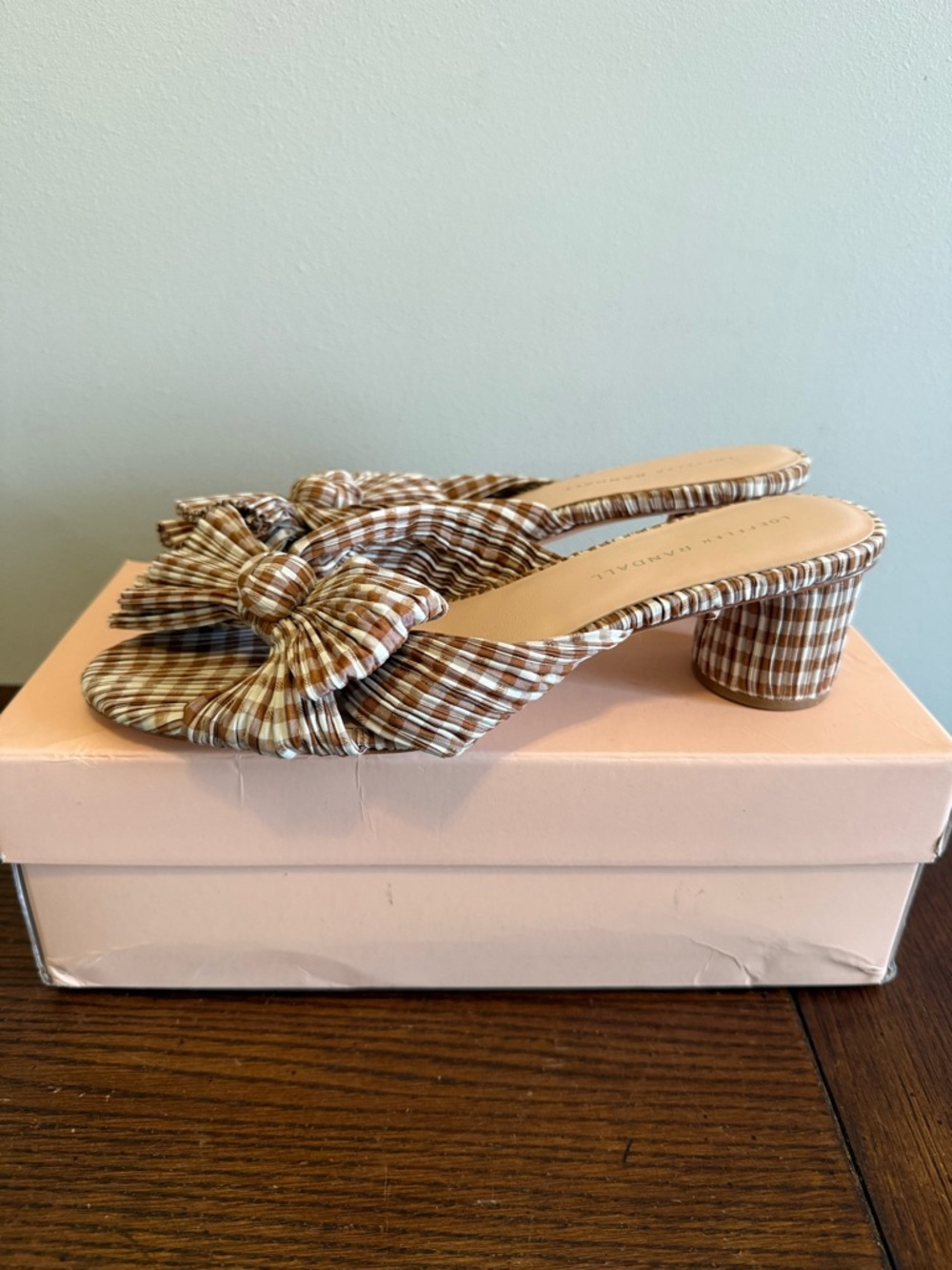 Loeffler‎ Randall Gingham Bow Block Heel Slide - Brown/White